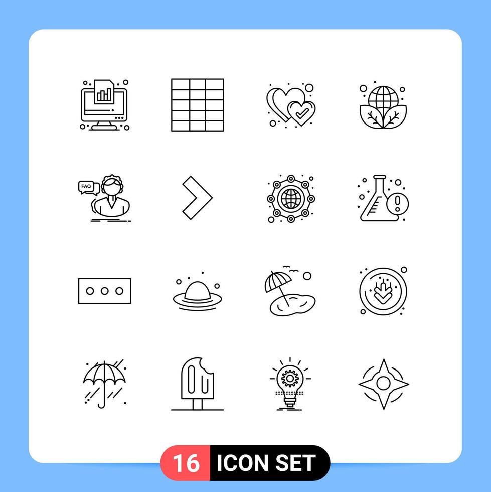 16 signos de contorno universal símbolos de consulta asistencia corazón preguntas frecuentes entorno elementos de diseño vectorial editables vector