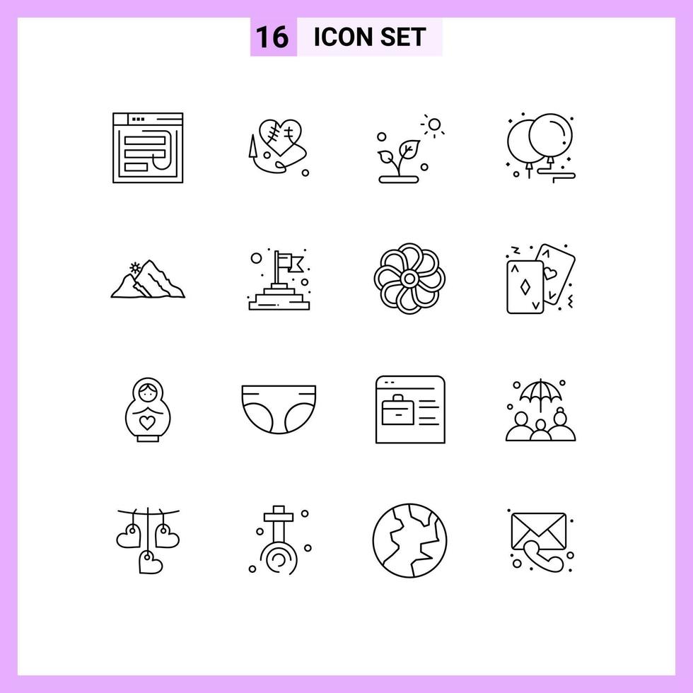 Group of 16 Modern Outlines Set for party birthday broken heart balloons science Editable Vector Design Elements