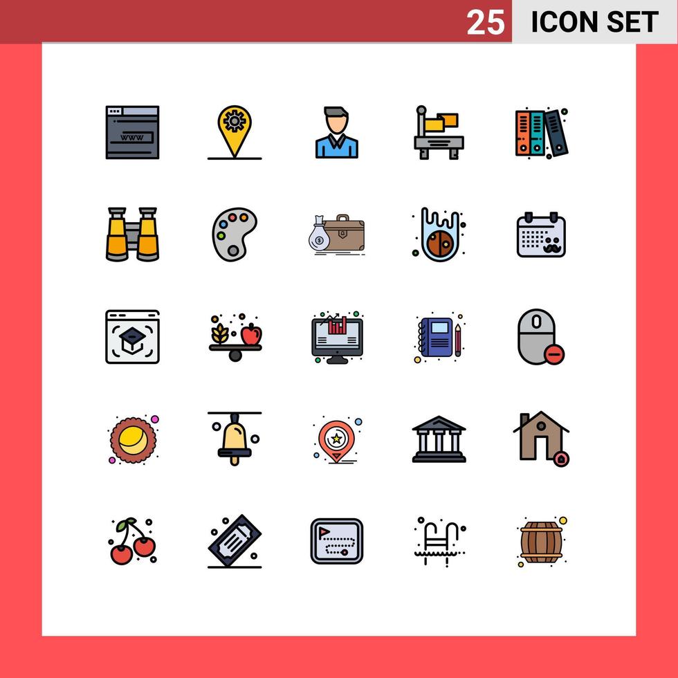 25 Thematic Vector Filled line Flat Colors and Editable Symbols of archive train gear flag person Editable Vector Design Elements