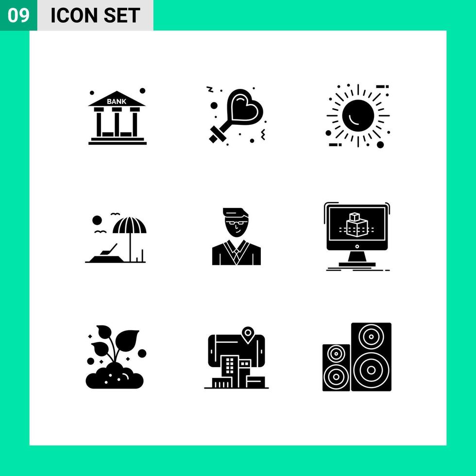 Set of 9 Vector Solid Glyphs on Grid for manager man energy vacation beach Editable Vector Design Elements