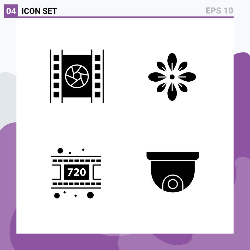 Universal Icon Symbols Group of 4 Modern Solid Glyphs of film holi multimedia decoration reel Editable Vector Design Elements