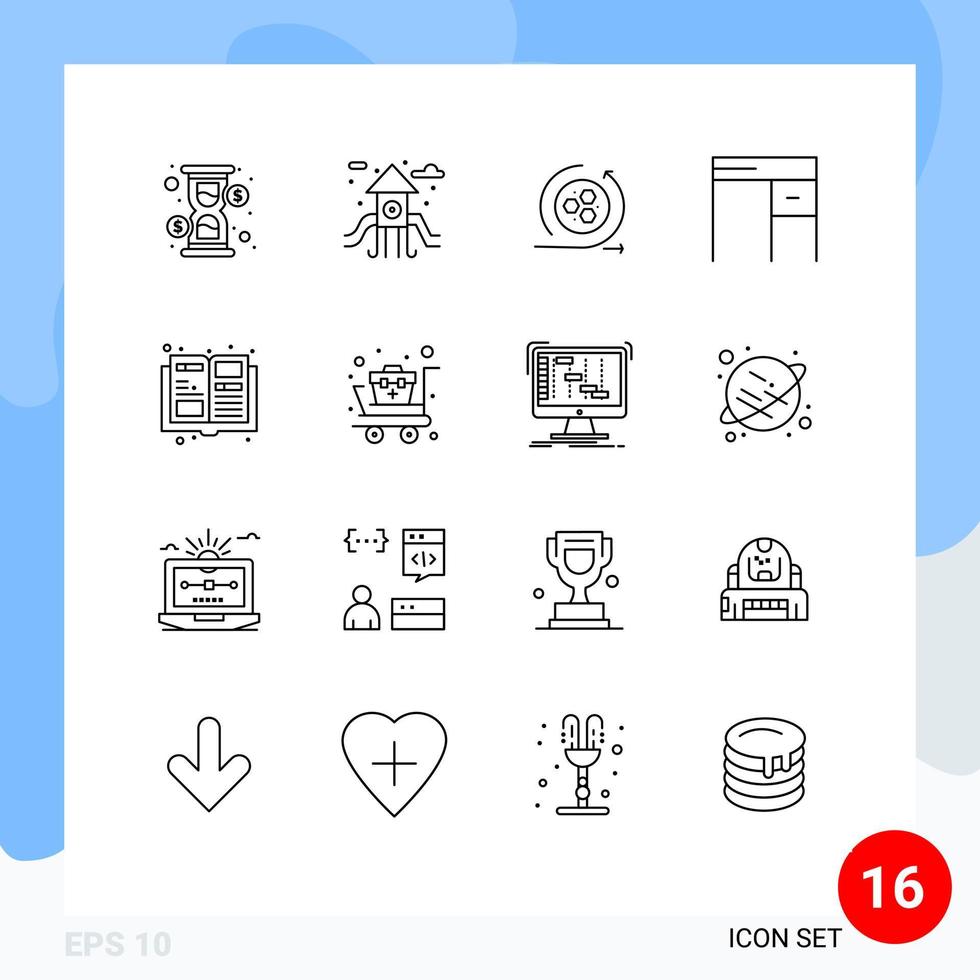 Universal Icon Symbols Group of 16 Modern Outlines of magazine catalogue api office furniture Editable Vector Design Elements