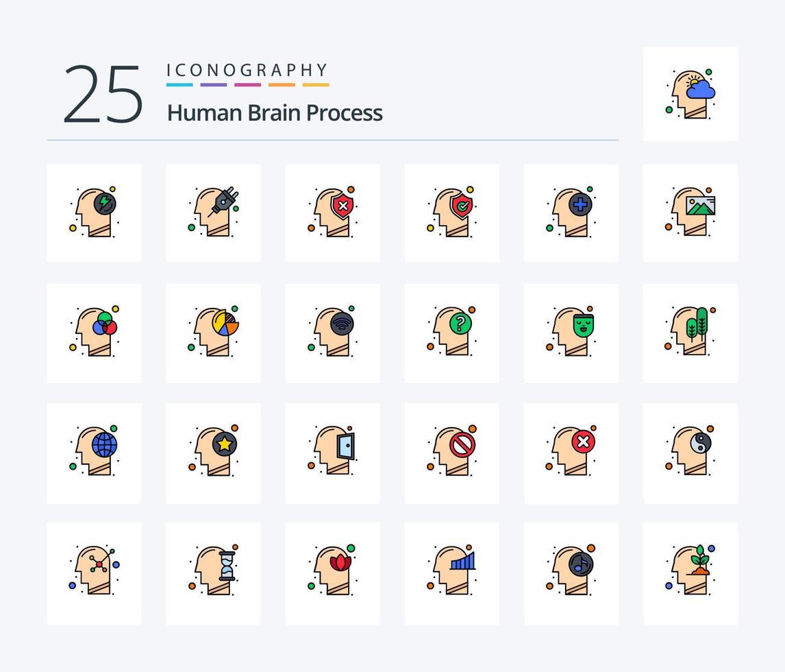 Human Brain Process 25 Line Filled icon pack including mind. healthy. plugin. head. protect vector