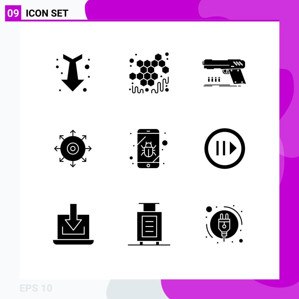 9 User Interface Solid Glyph Pack of modern Signs and Symbols of bug achieve gun point weapon Editable Vector Design Elements