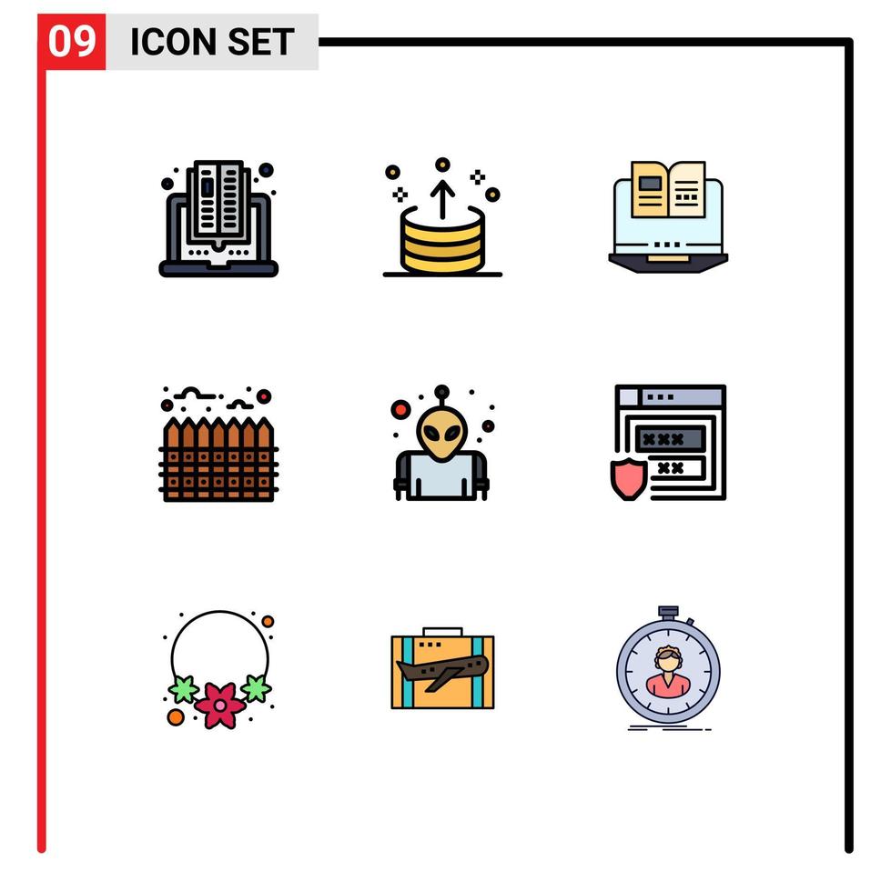 conjunto moderno de 9 colores planos y símbolos de línea de llenado, como elementos de diseño de vectores editables de hardware de calefacción alienígena real