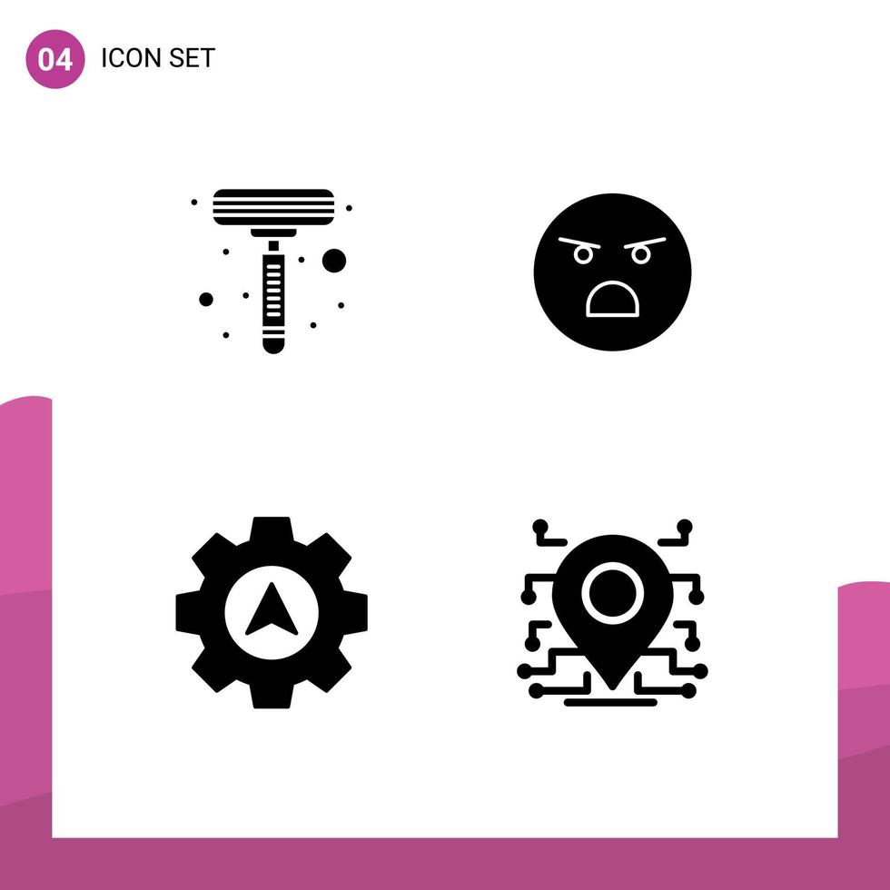 User Interface Pack of 4 Basic Solid Glyphs of razor gear emoji feeling processor Editable Vector Design Elements