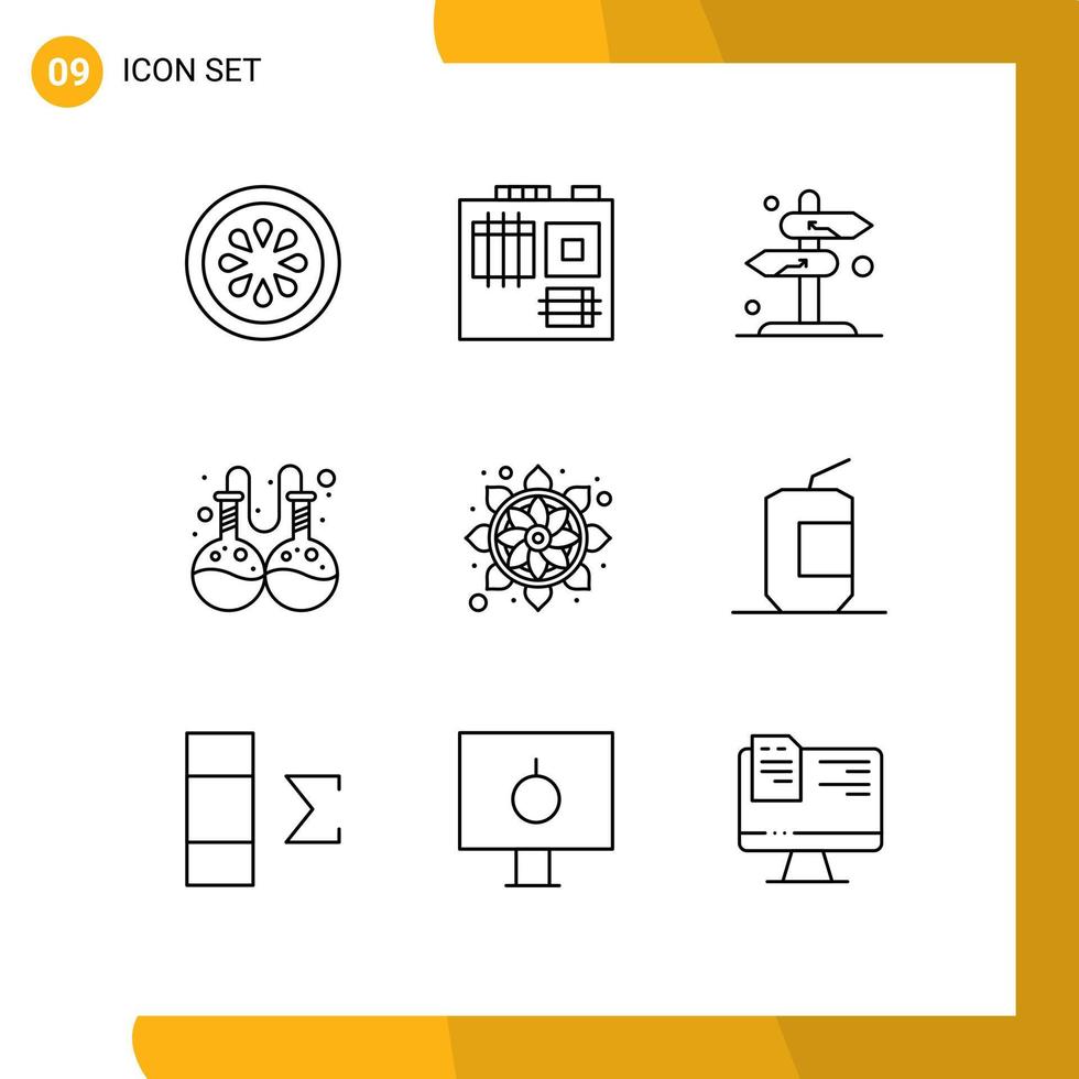 Universal Icon Symbols Group of 9 Modern Outlines of pattern flower direction research flask Editable Vector Design Elements