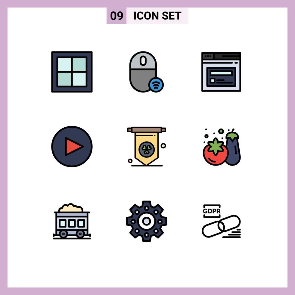 Set of 9 Vector Filledline Flat Colors on Grid for shopping play hardware arrow web Editable Vector Design Elements