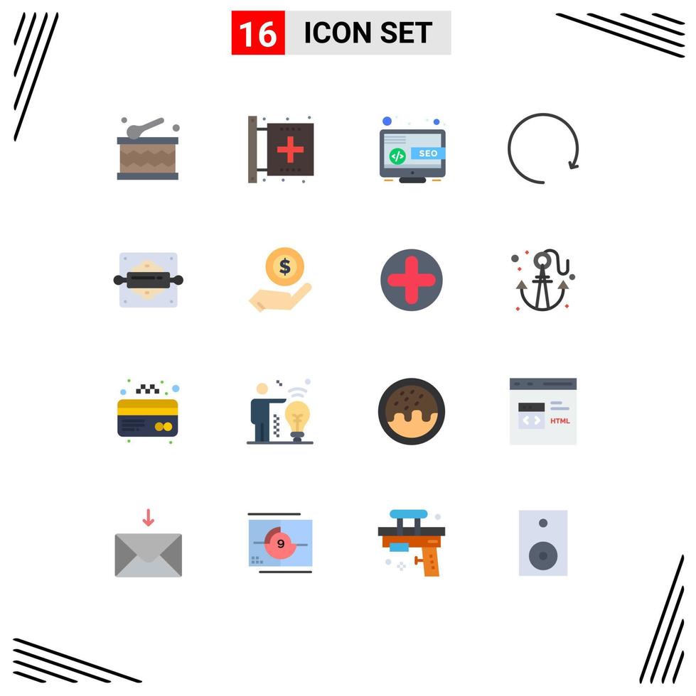 grupo universal de símbolos de iconos de 16 colores planos modernos de pan rodillo panadería escritorio rotar flecha paquete editable de elementos creativos de diseño de vectores