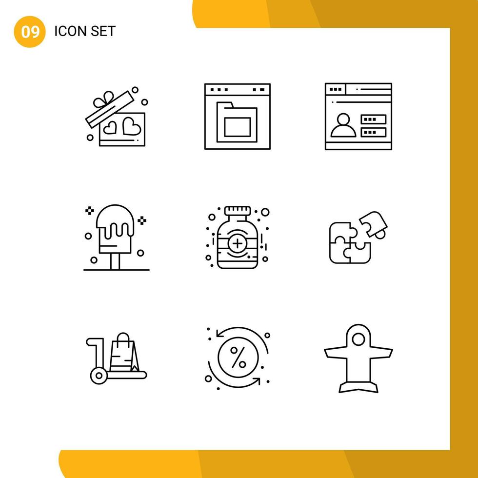 Pack of 9 creative Outlines of medical summer interface ice security Editable Vector Design Elements