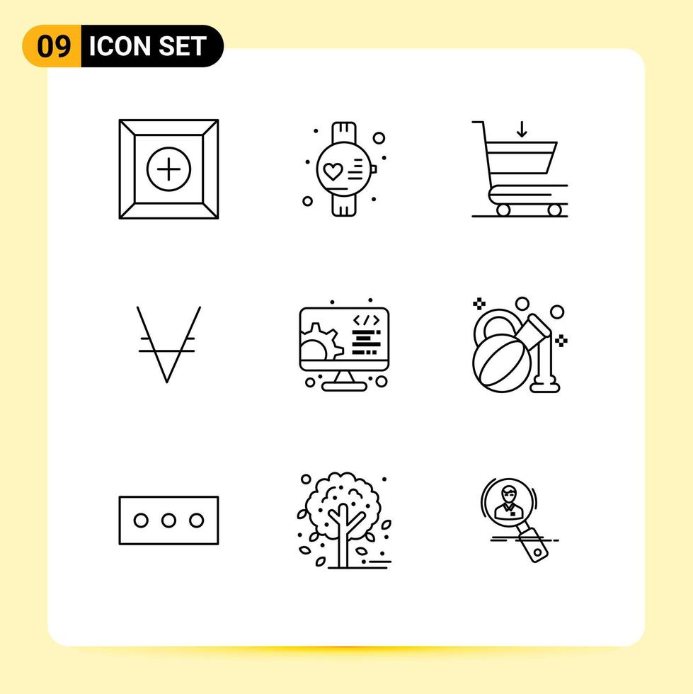 User Interface Pack of 9 Basic Outlines of olive setting shopping service crypto currency Editable Vector Design Elements