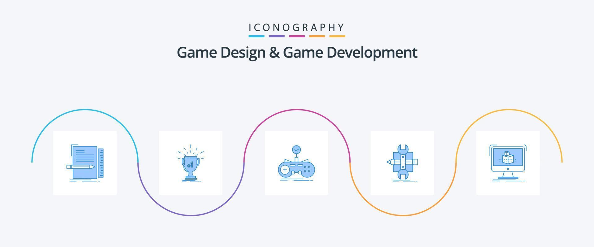 Game Design And Game Development Blue 5 Icon Pack Including develop. build. prize. gaming. game vector