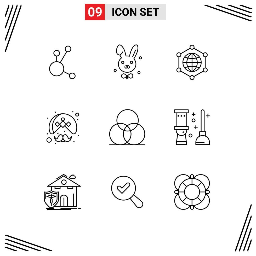 Set of 9 Vector Outlines on Grid for wheel color globe wearing person Editable Vector Design Elements