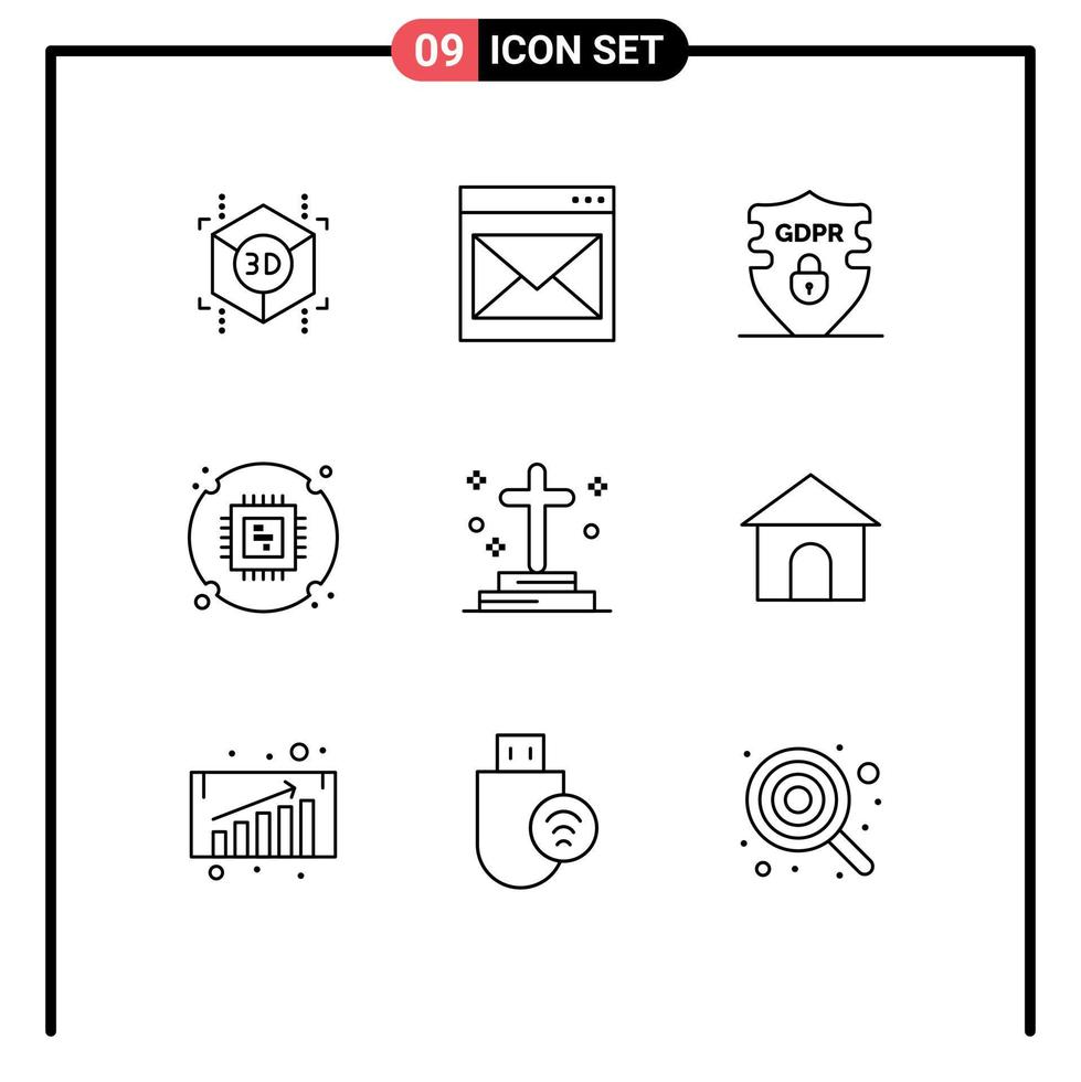 Set of 9 Vector Outlines on Grid for death hardware data processor chip Editable Vector Design Elements