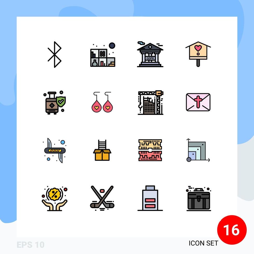 Mobile Interface Flat Color Filled Line Set of 16 Pictograms of suitcase luggage financial information protection insurance house Editable Creative Vector Design Elements