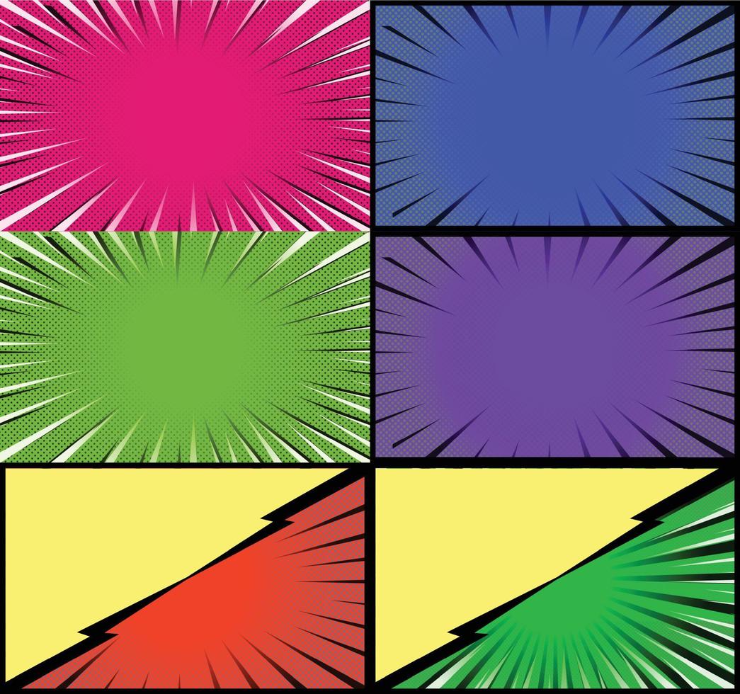 Comic book colorful frames background with halftone rays radial and dotted effects pop art style vector