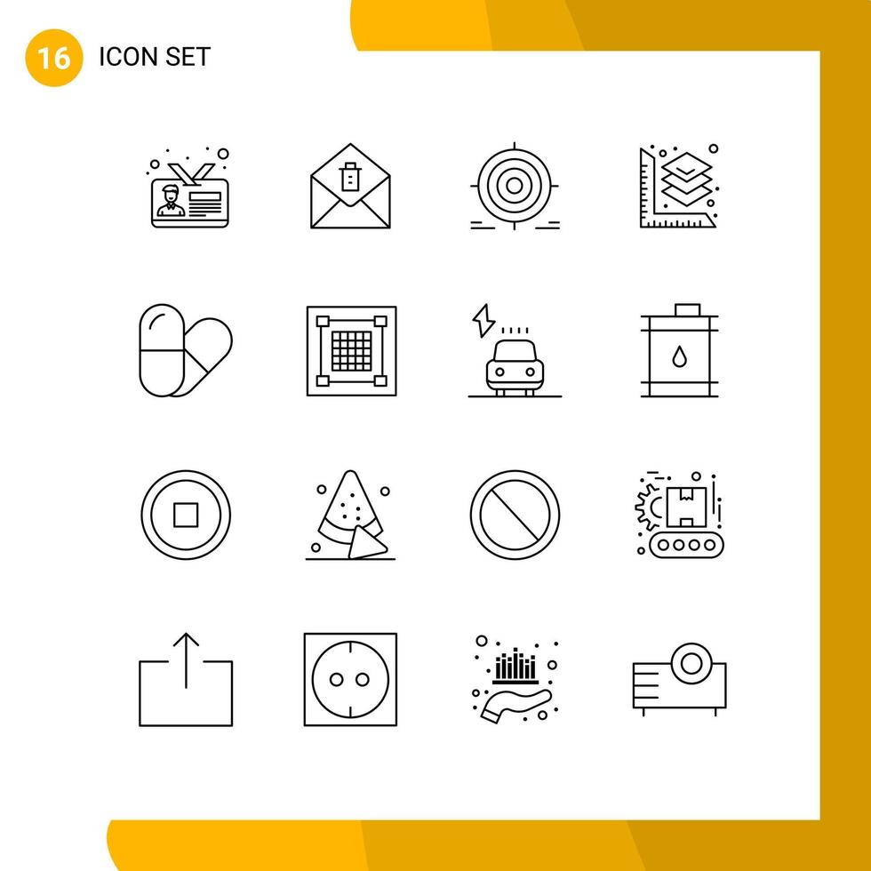 Universal Icon Symbols Group of 16 Modern Outlines of table layer target printing objective Editable Vector Design Elements