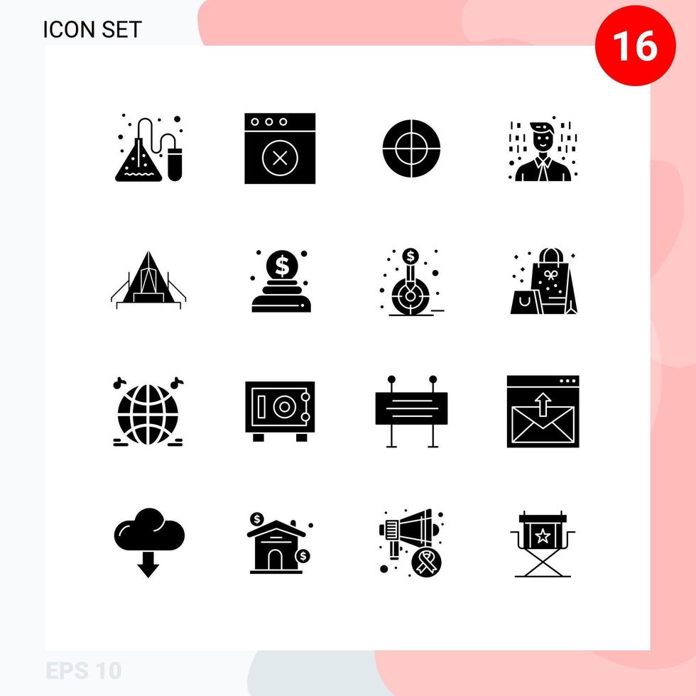 Solid Glyph Pack of 16 Universal Symbols of outdoor camp gun camping programming Editable Vector Design Elements