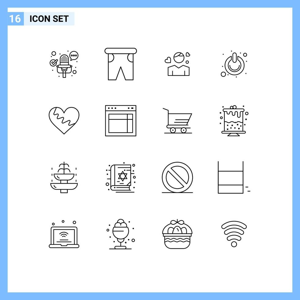 Modern Set of 16 Outlines and symbols such as switch on man off heart Editable Vector Design Elements