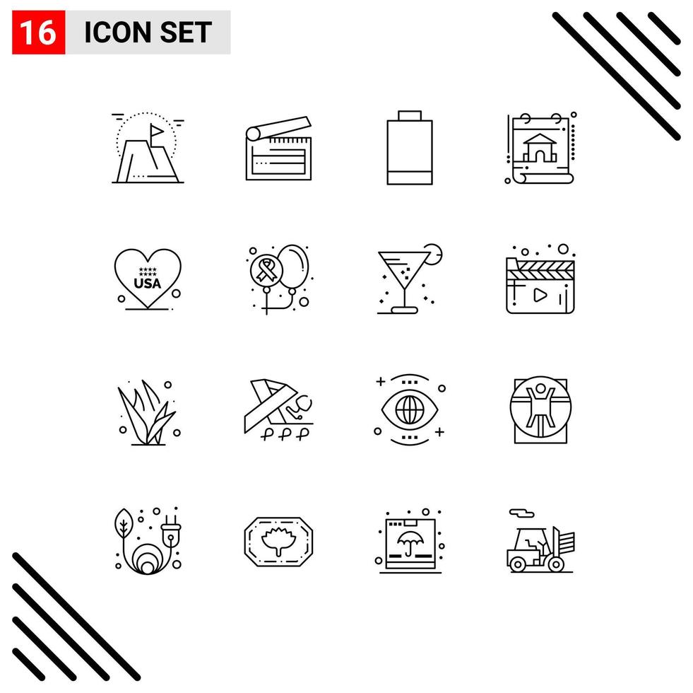 Universal Icon Symbols Group of 16 Modern Outlines of heart property clapper construction power Editable Vector Design Elements