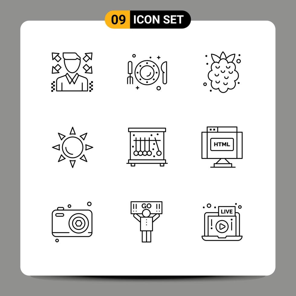 Outline Pack of 9 Universal Symbols of science physics food shinning sun Editable Vector Design Elements