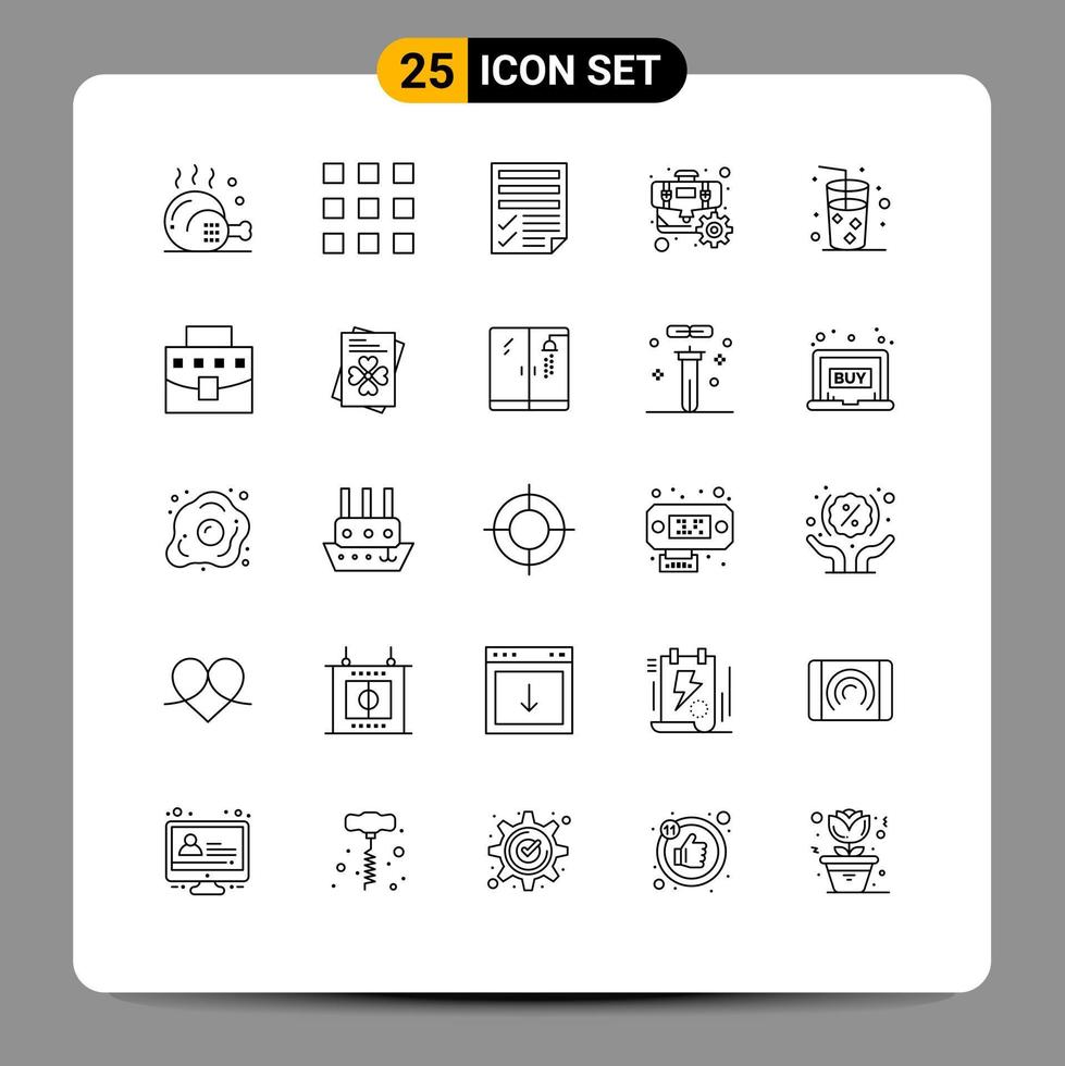 Pictogram Set of 25 Simple Lines of drink optimization file gear briefcase Editable Vector Design Elements