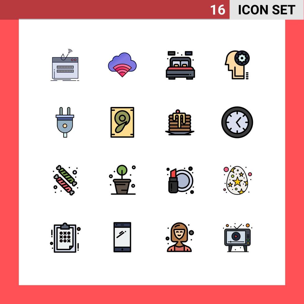 Universal Icon Symbols Group of 16 Modern Flat Color Filled Lines of electric gear signal cogwheel bed Editable Creative Vector Design Elements