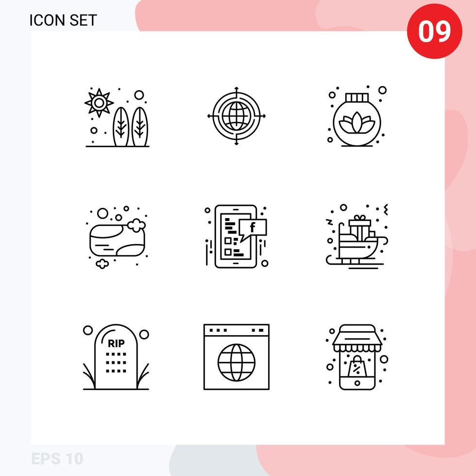 Set of 9 Modern UI Icons Symbols Signs for social media facebook lotus clean bath soap Editable Vector Design Elements