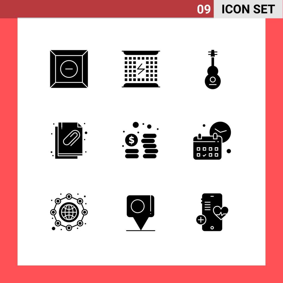 Set of 9 Modern UI Icons Symbols Signs for cash document audio attachment violin Editable Vector Design Elements