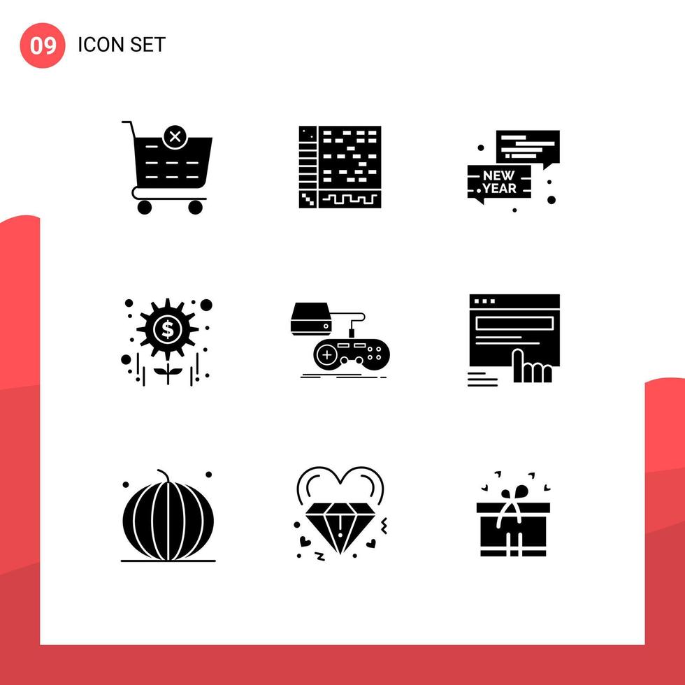 Pack of 9 Modern Solid Glyphs Signs and Symbols for Web Print Media such as game tasks bubble project money Editable Vector Design Elements