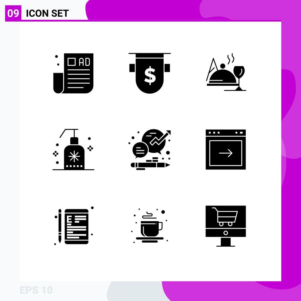 User Interface Pack of 9 Basic Solid Glyphs of business soap finance foam glass Editable Vector Design Elements