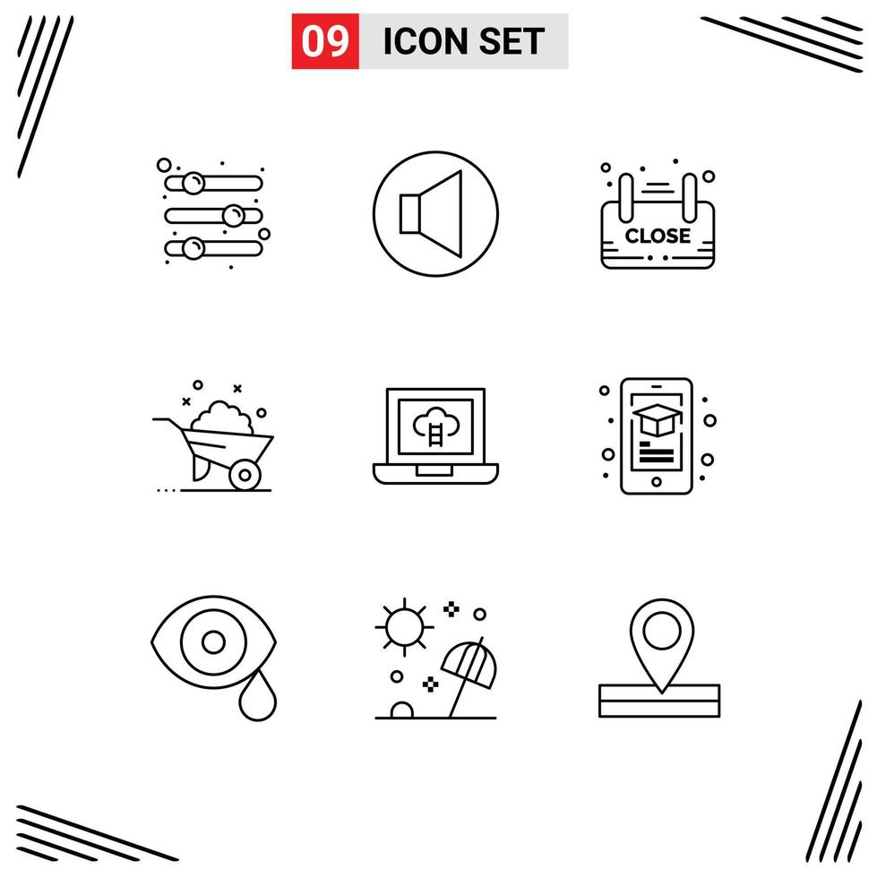 Universal Icon Symbols Group of 9 Modern Outlines of achievements wheel close construction shop Editable Vector Design Elements