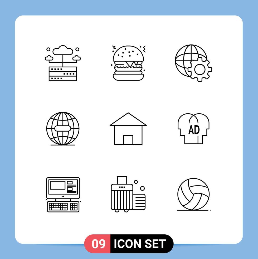 Group of 9 Outlines Signs and Symbols for house cottage villa globe building globe Editable Vector Design Elements