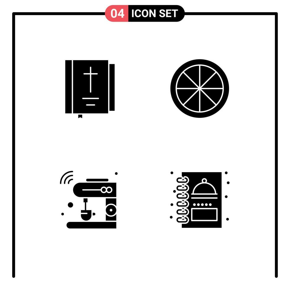 Set of 4 Commercial Solid Glyphs pack for bible internet religion food machine Editable Vector Design Elements