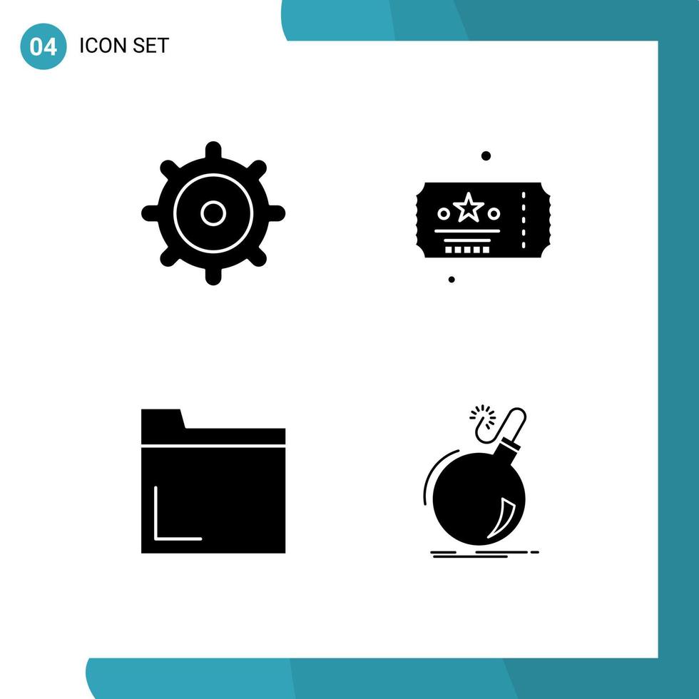 paquete de 4 signos y símbolos de glifos sólidos modernos para medios de impresión web, como elementos de diseño de vectores editables de peligro de archivo de celebración de bombas de engranajes