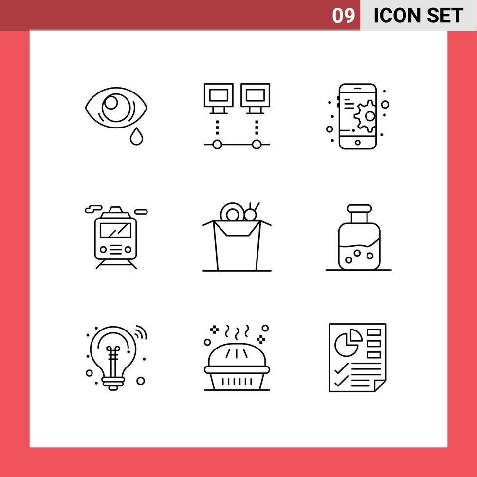 Universal Icon Symbols Group of 9 Modern Outlines of cup noodle pc transportation train Editable Vector Design Elements