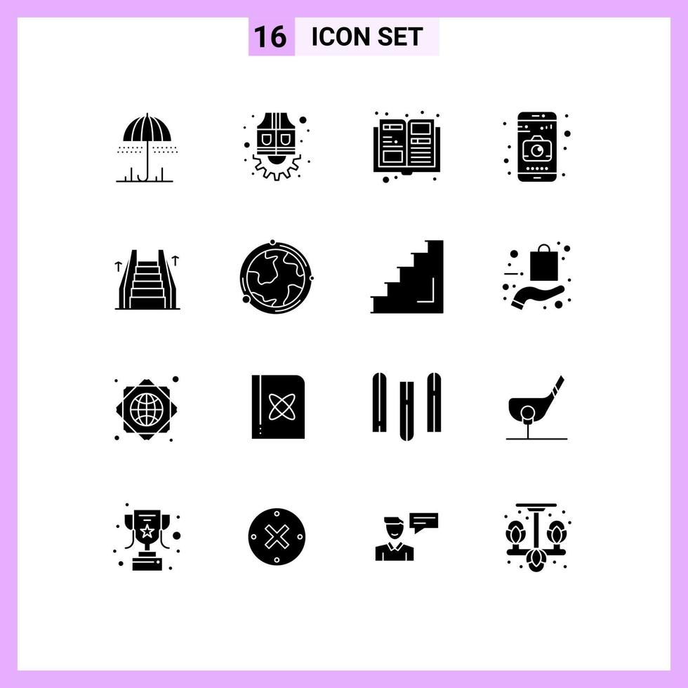Set of 16 Modern UI Icons Symbols Signs for ladder elevator catalogue stair camera Editable Vector Design Elements