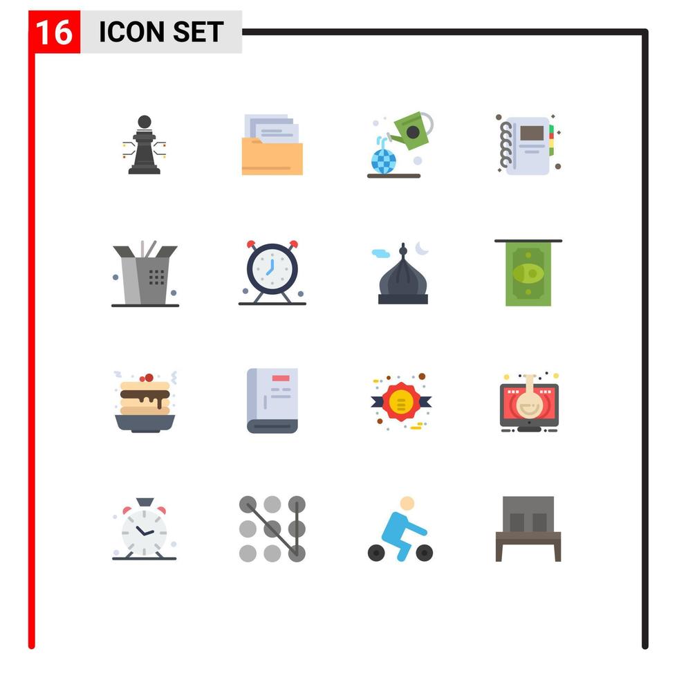 16 User Interface Flat Color Pack of modern Signs and Symbols of clock wok day food notebook Editable Pack of Creative Vector Design Elements