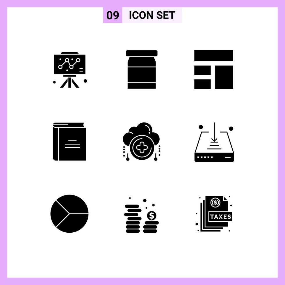 Set of 9 Vector Solid Glyphs on Grid for add reading frame open book education Editable Vector Design Elements