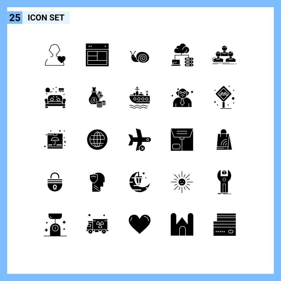 grupo de símbolos de iconos universales de 25 glifos sólidos modernos de elementos de diseño de vectores editables en la nube del servidor de errores de la empresa del grupo