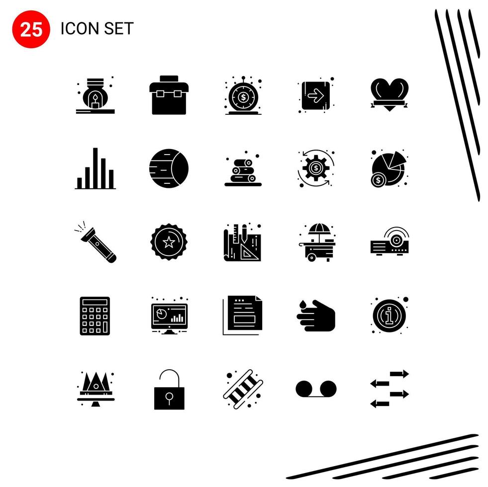 User Interface Pack of 25 Basic Solid Glyphs of love right finance direction quick Editable Vector Design Elements
