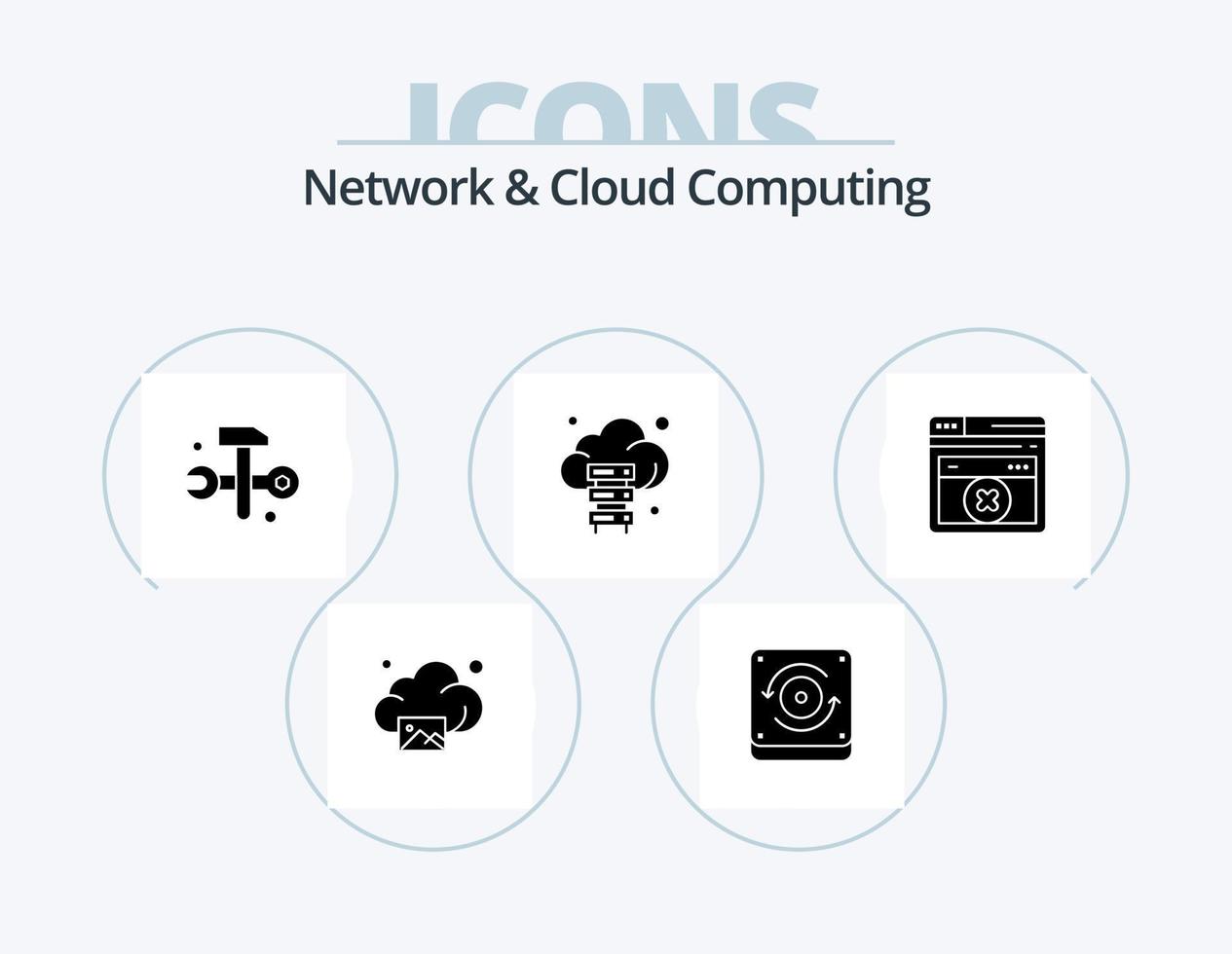 Network And Cloud Computing Glyph Icon Pack 5 Icon Design. errortechnology. web page. databases. technology. server vector
