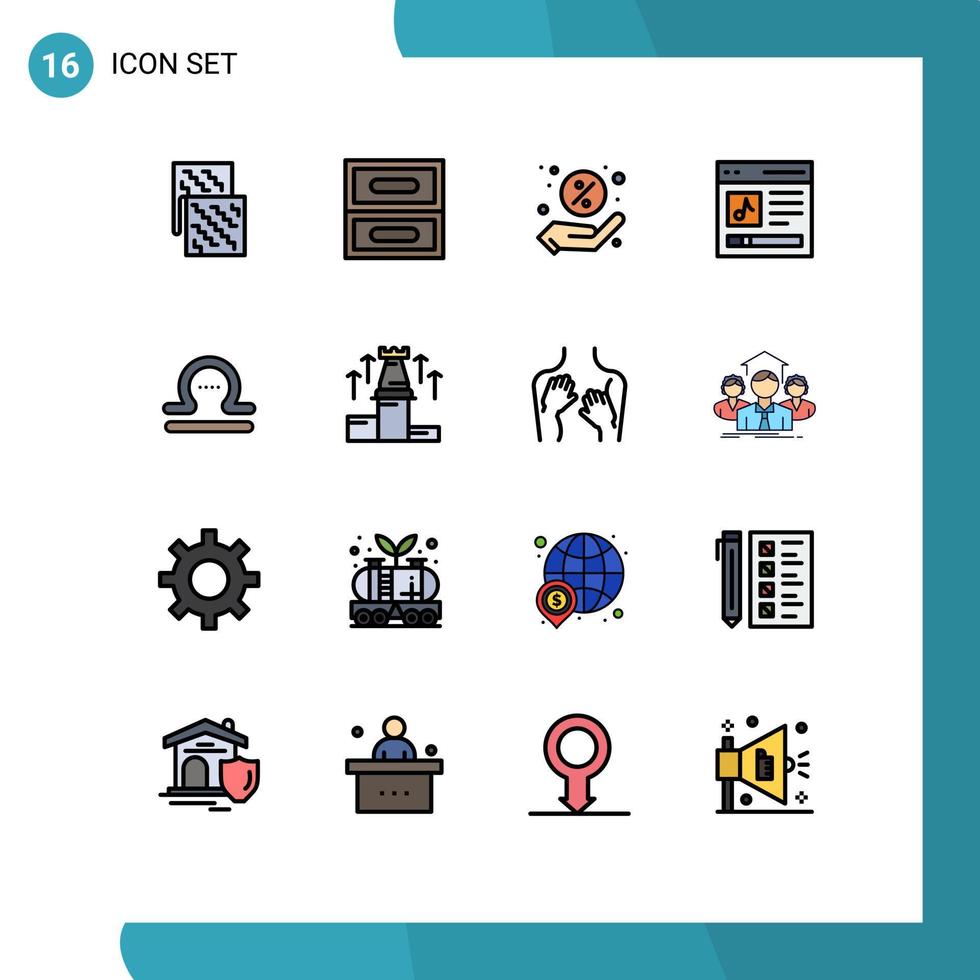 16 Thematic Vector Flat Color Filled Lines and Editable Symbols of libra user discount music content Editable Creative Vector Design Elements