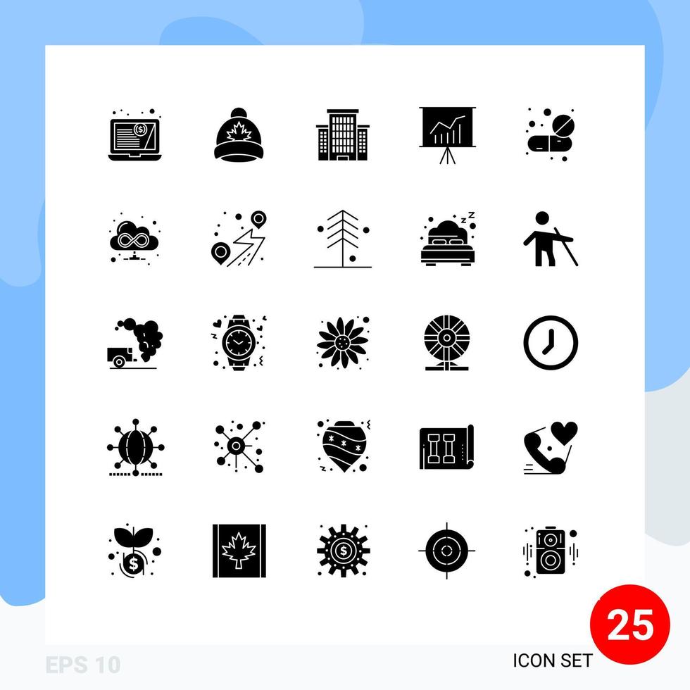 Modern Set of 25 Solid Glyphs Pictograph of pills drugs city capsule office Editable Vector Design Elements