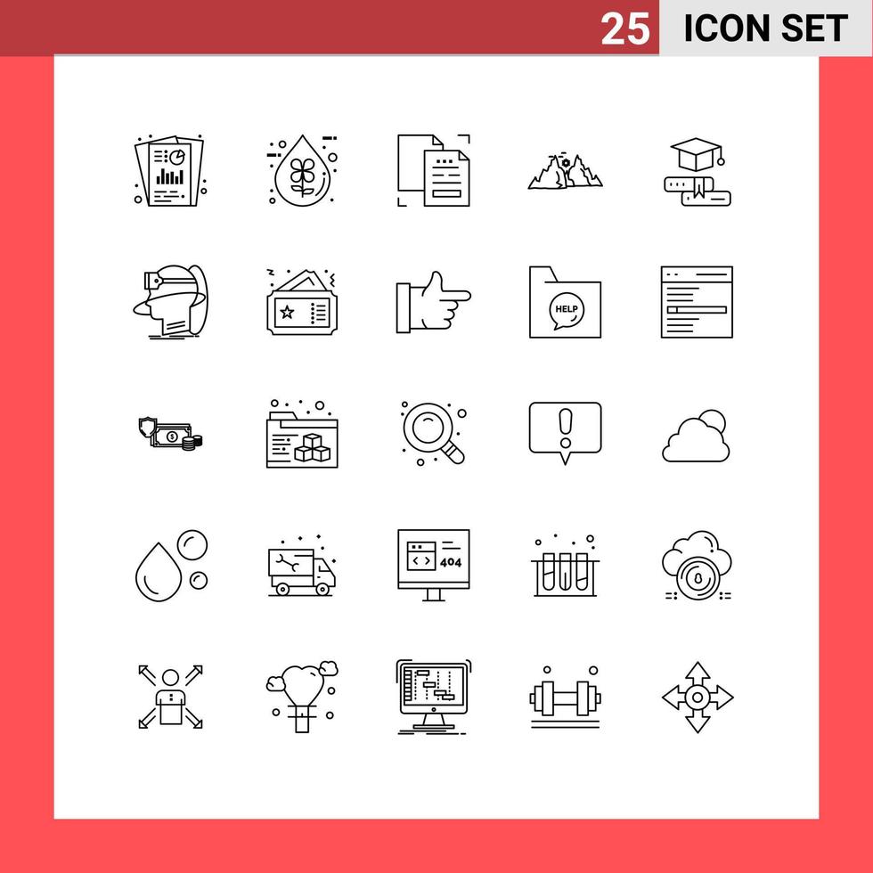 User Interface Pack of 25 Basic Lines of hill mountain ecofriendly duplicate data Editable Vector Design Elements