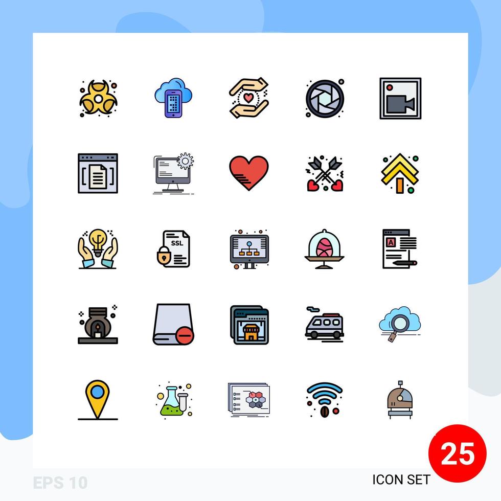 Set of 25 Vector Filled line Flat Colors on Grid for video camera business cam lens Editable Vector Design Elements