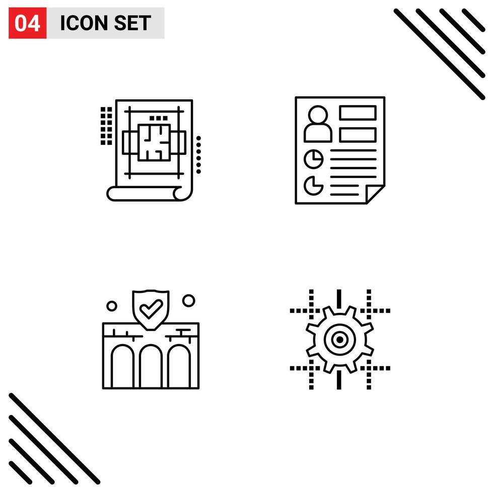 Mobile Interface Line Set of 4 Pictograms of architecture building blue print document construction Editable Vector Design Elements