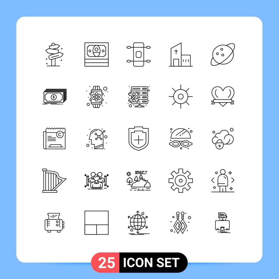 conjunto de 25 iconos de ui modernos símbolos signos para el monasterio de saturno longboard elementos de diseño vectorial editables cristianos modernos vector