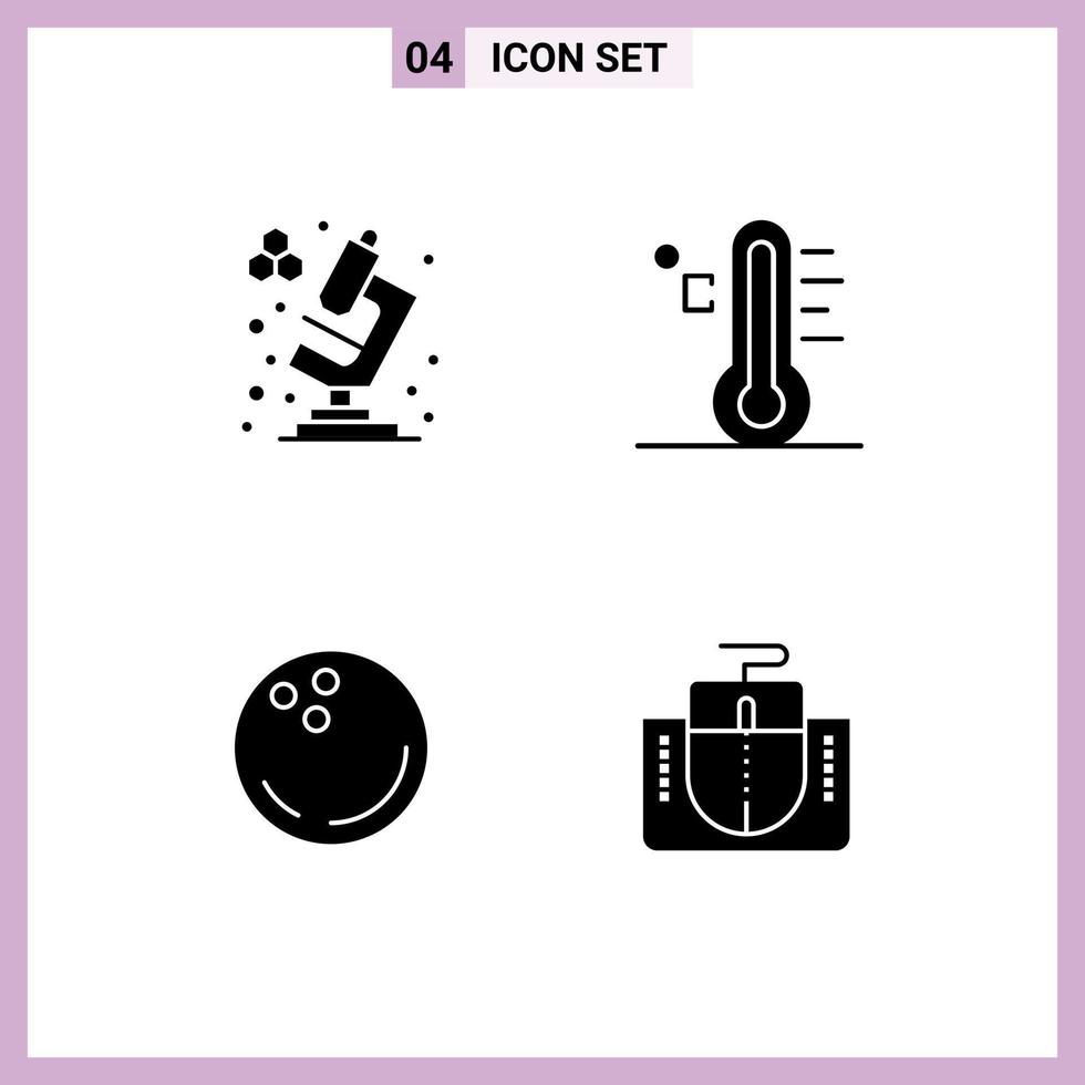 Solid Glyph Pack of 4 Universal Symbols of chemistry bowling cloud sun strike Editable Vector Design Elements