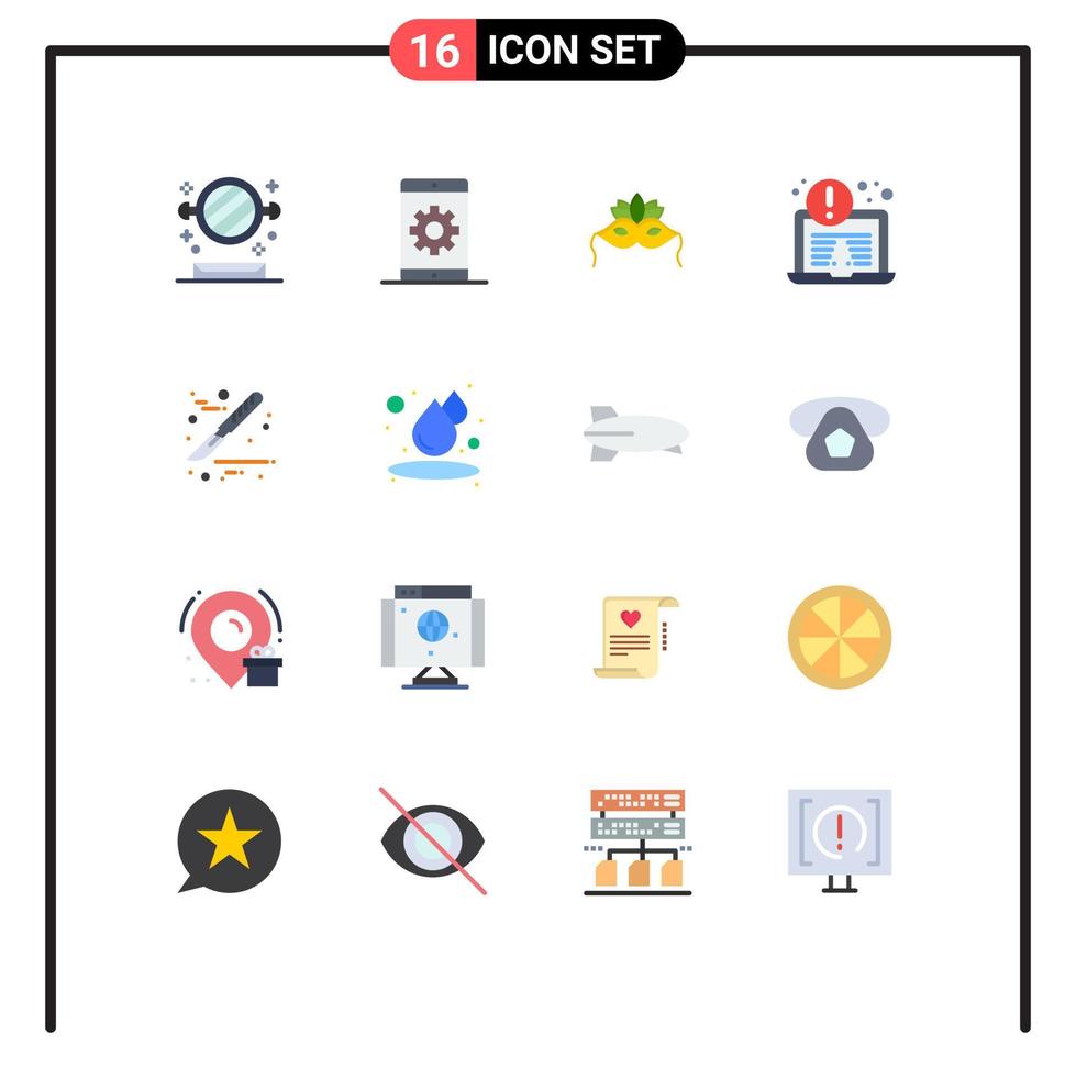 Pack of 16 Modern Flat Colors Signs and Symbols for Web Print Media such as scalpel security search laptop mardigras Editable Pack of Creative Vector Design Elements